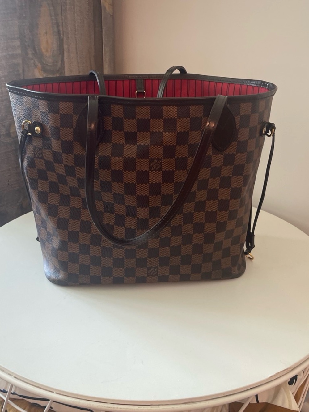 Louis Vuitton Brown Damier Ebene Tote with Red Interior